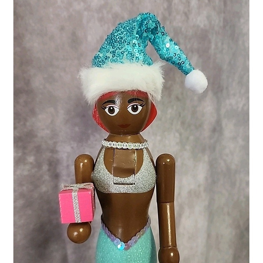 Mermaid Nutcracker African American Coastal Aqua Blue Santa Hat 15" Christmas - Picture 3 of 7